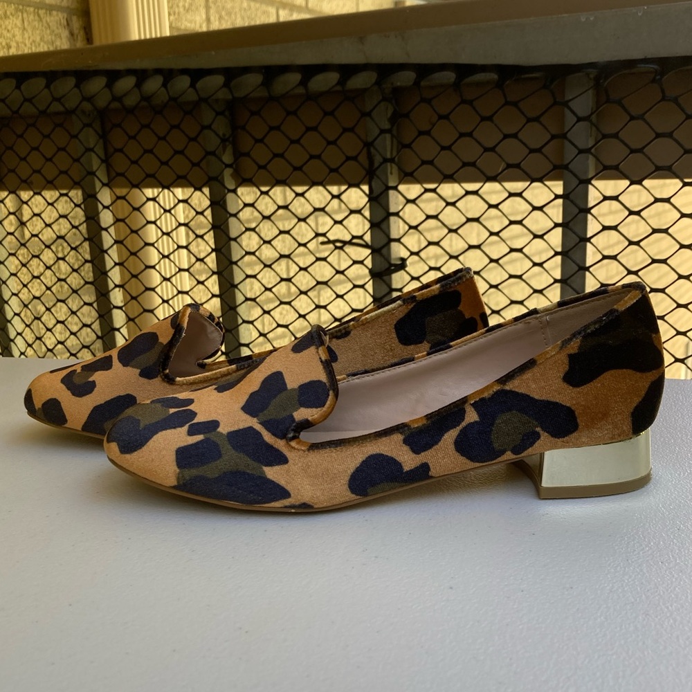 Topshop Velvet Leopard Print Slip On Loafer With Gold Reflective Mirror Heel